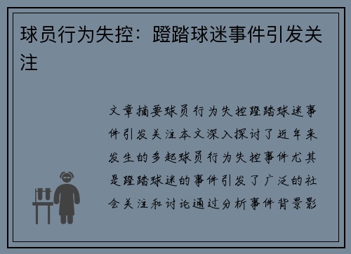 球员行为失控：蹬踏球迷事件引发关注