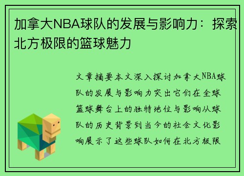 加拿大NBA球队的发展与影响力：探索北方极限的篮球魅力